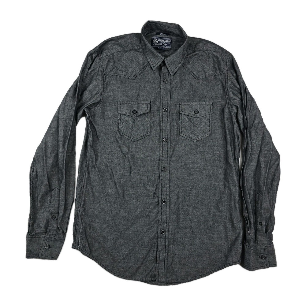 American Rag Mens Small Charcoal Gray Herringbone Western Button Front Shirt
